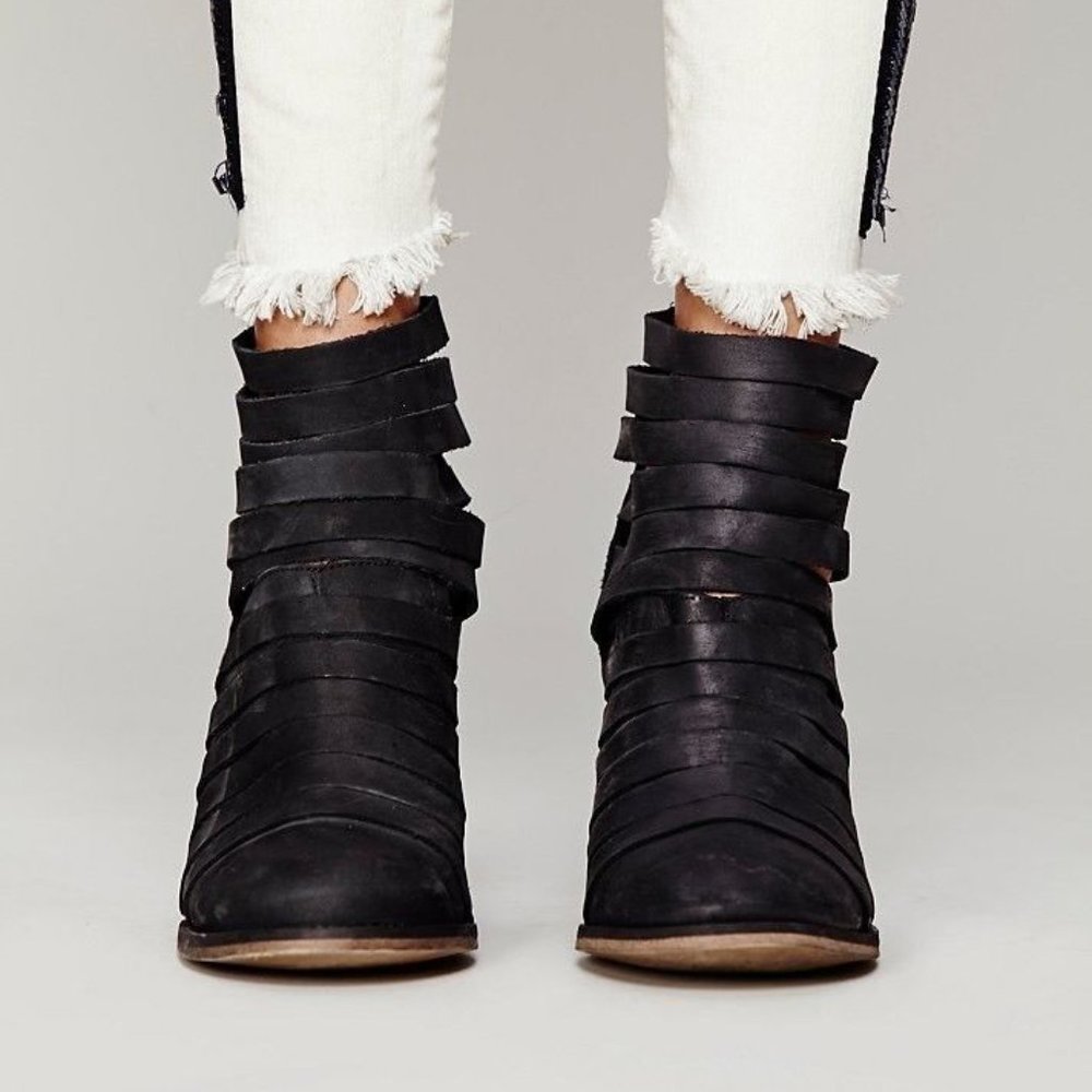 Free People New Boots HYBRID Strappy Suede Leather Booties NIB BLACK Women's 10 - Picture 6 of 14